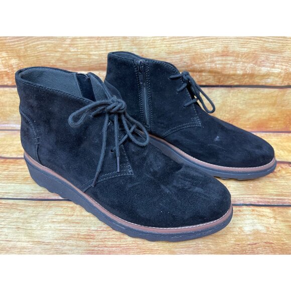 Clarks Sharon Hop Wedge Heel Black Suede Ankle Boot Womens 7.5 M / 38 (L7d) - Picture 3 of 10